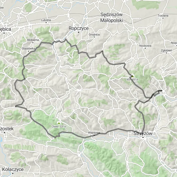 Miniatura mapy "Wyzwanie w okolicach Wieży widokowej w Głobikowej" - trasy rowerowej w Podkarpackie, Poland. Wygenerowane przez planer tras rowerowych Tarmacs.app