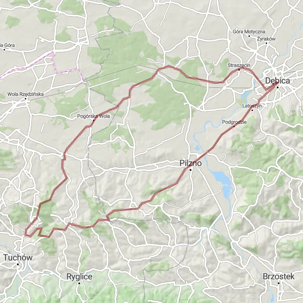 Map miniature of "Pilzno Gravel Loop" cycling inspiration in Podkarpackie, Poland. Generated by Tarmacs.app cycling route planner