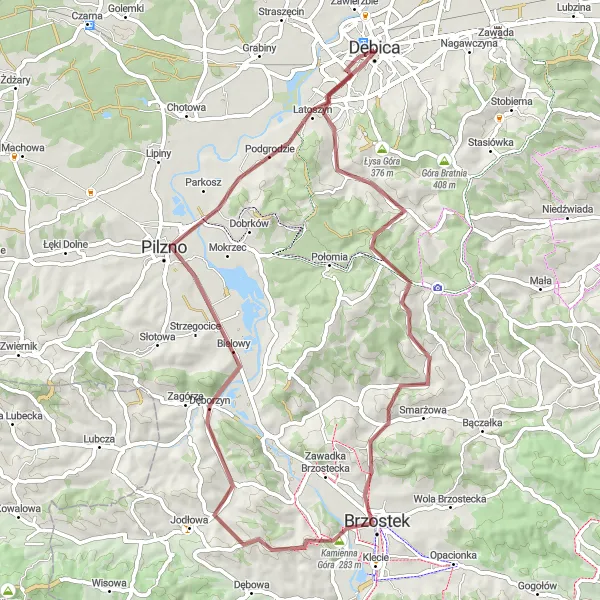 Miniatura mapy "Trasa przez Głobikową, Brzostek i Pilzno" - trasy rowerowej w Podkarpackie, Poland. Wygenerowane przez planer tras rowerowych Tarmacs.app