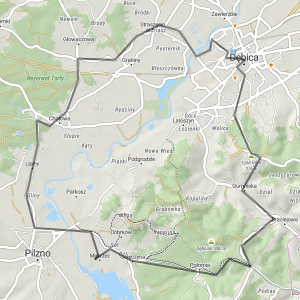 Map miniature of "Road Route: Dębica Circuit" cycling inspiration in Podkarpackie, Poland. Generated by Tarmacs.app cycling route planner