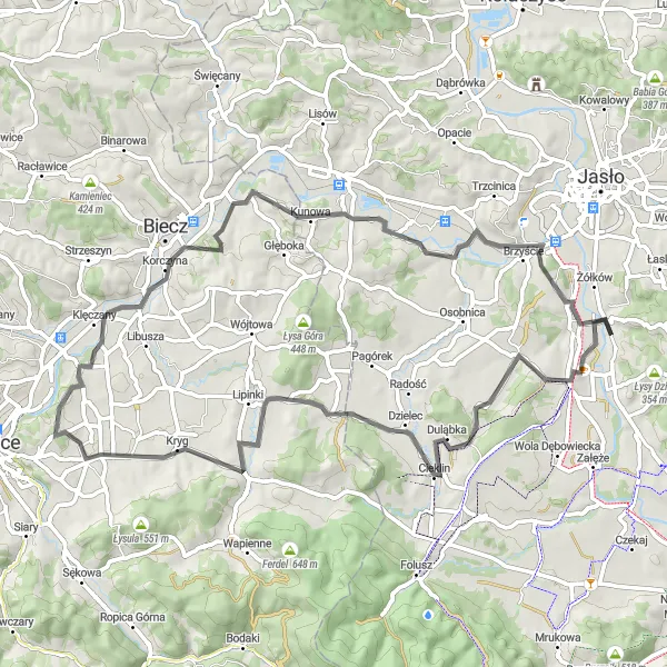 Map miniature of "Road Route 1" cycling inspiration in Podkarpackie, Poland. Generated by Tarmacs.app cycling route planner