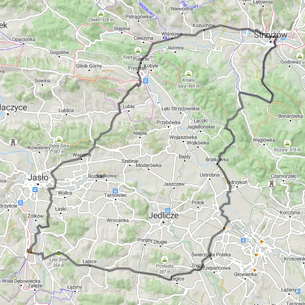 Map miniature of "Challenging Ride to Malinowa Góra" cycling inspiration in Podkarpackie, Poland. Generated by Tarmacs.app cycling route planner