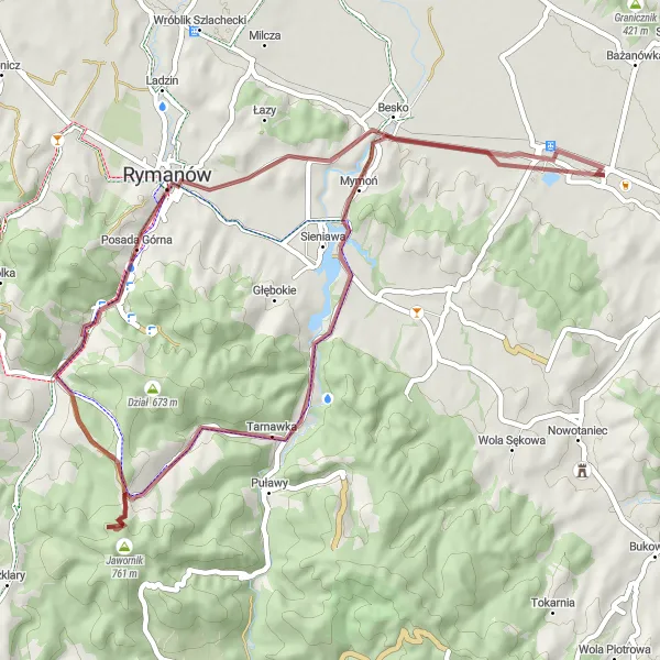 Map miniature of "Gravel Adventure: Mymoń - Posada Zarszyńska" cycling inspiration in Podkarpackie, Poland. Generated by Tarmacs.app cycling route planner