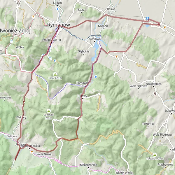 Map miniature of "Gravel Adventure in the Hills" cycling inspiration in Podkarpackie, Poland. Generated by Tarmacs.app cycling route planner