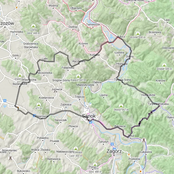 Map miniature of "Scenic Road Cycling Loop near Długie" cycling inspiration in Podkarpackie, Poland. Generated by Tarmacs.app cycling route planner