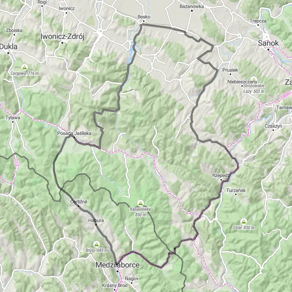 Map miniature of "The Beskid Adventure" cycling inspiration in Podkarpackie, Poland. Generated by Tarmacs.app cycling route planner