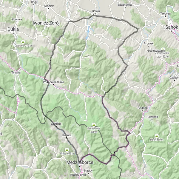 Map miniature of "The Uphill Challenge" cycling inspiration in Podkarpackie, Poland. Generated by Tarmacs.app cycling route planner