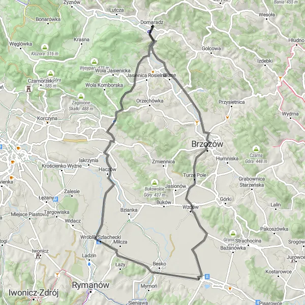 Miniatura mapy "Trasa wokół Domaradza i okolic" - trasy rowerowej w Podkarpackie, Poland. Wygenerowane przez planer tras rowerowych Tarmacs.app