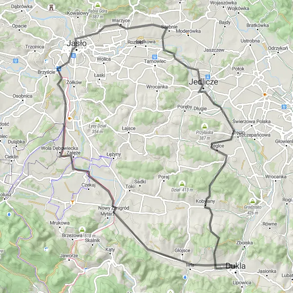 Map miniature of "Jasło Loop" cycling inspiration in Podkarpackie, Poland. Generated by Tarmacs.app cycling route planner