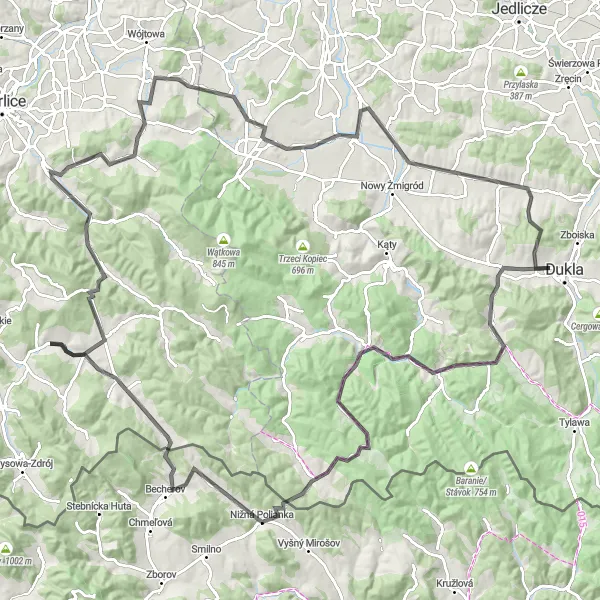 Map miniature of "Beskid Przełęcz Route" cycling inspiration in Podkarpackie, Poland. Generated by Tarmacs.app cycling route planner