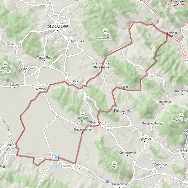 Map miniature of "Wyżyny Gravel Adventure" cycling inspiration in Podkarpackie, Poland. Generated by Tarmacs.app cycling route planner