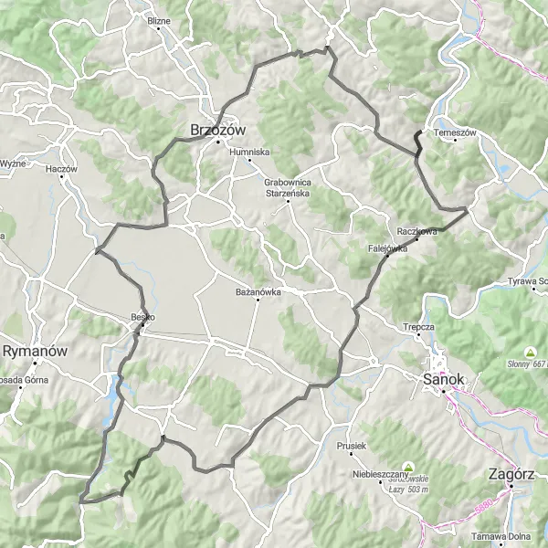 Map miniature of "The Ultimate Challenge: Mymoń and Dydnia" cycling inspiration in Podkarpackie, Poland. Generated by Tarmacs.app cycling route planner