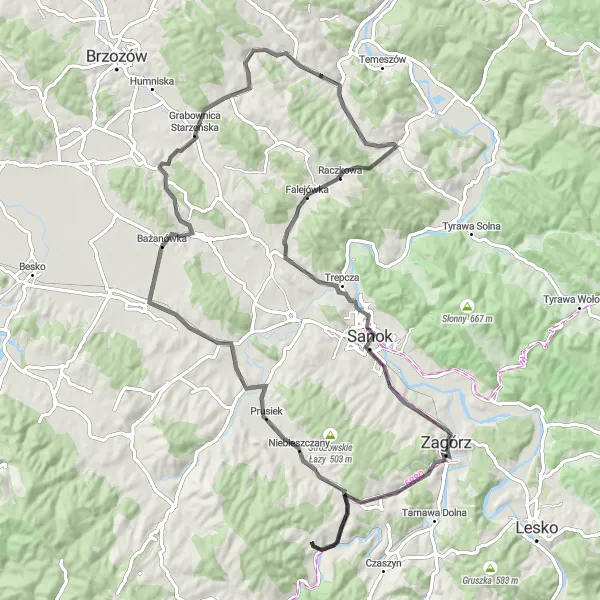 Map miniature of "Eastern Loop" cycling inspiration in Podkarpackie, Poland. Generated by Tarmacs.app cycling route planner