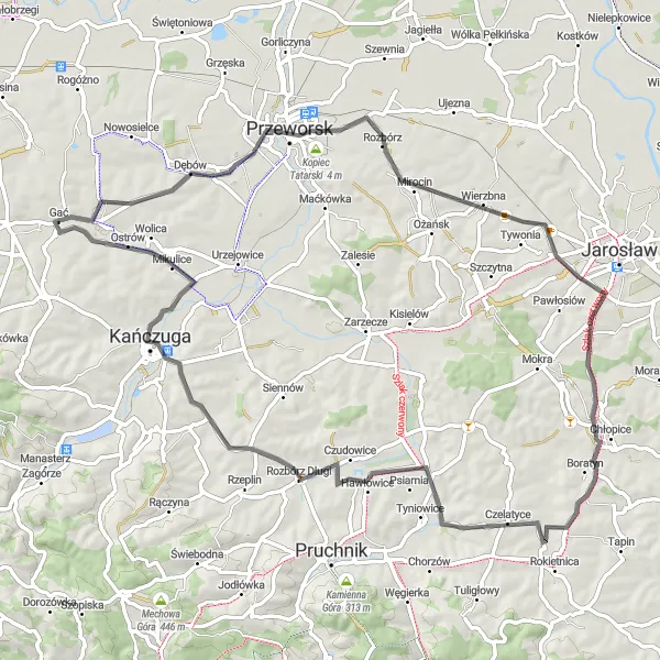 Map miniature of "Gać to Ostrów Loop" cycling inspiration in Podkarpackie, Poland. Generated by Tarmacs.app cycling route planner