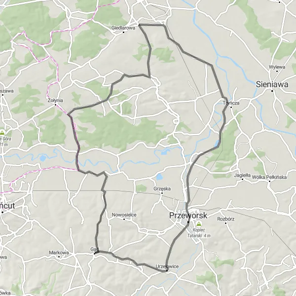 Map miniature of "Gać to Urzejowice Adventure" cycling inspiration in Podkarpackie, Poland. Generated by Tarmacs.app cycling route planner
