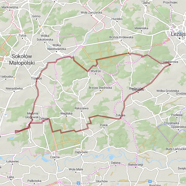 Miniatura mapy "Trasa gravelowa przez Medynię Głogowską i Wydrze" - trasy rowerowej w Podkarpackie, Poland. Wygenerowane przez planer tras rowerowych Tarmacs.app