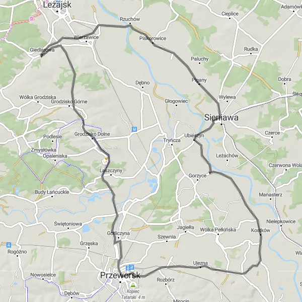 Map miniature of "Pigany to Sośnina Loop" cycling inspiration in Podkarpackie, Poland. Generated by Tarmacs.app cycling route planner