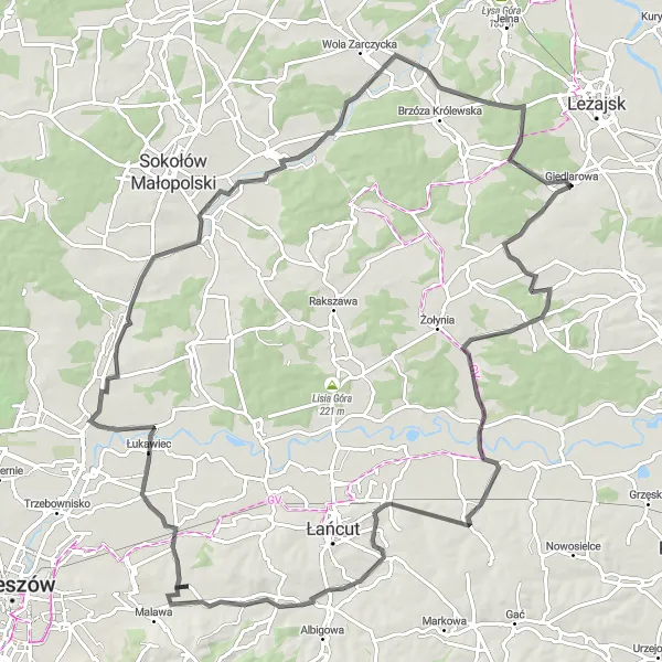 Map miniature of "Kosina to Kąty Trzebuskie Road Adventure" cycling inspiration in Podkarpackie, Poland. Generated by Tarmacs.app cycling route planner