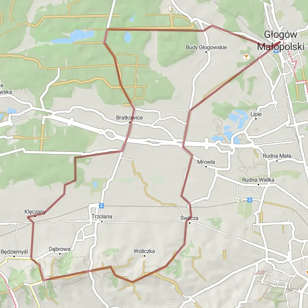 Map miniature of "Świlcza Gravel Loop" cycling inspiration in Podkarpackie, Poland. Generated by Tarmacs.app cycling route planner