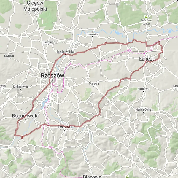 Map miniature of "Rural Retreat to Trzebownisko" cycling inspiration in Podkarpackie, Poland. Generated by Tarmacs.app cycling route planner