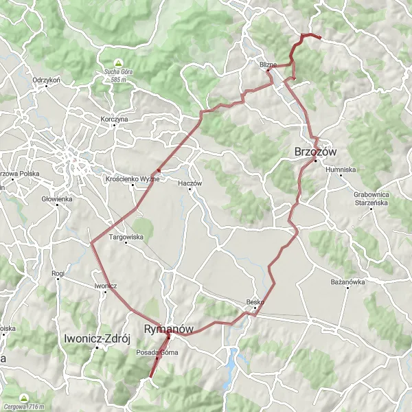 Map miniature of "Gravel Cycling Adventure near Golcowa" cycling inspiration in Podkarpackie, Poland. Generated by Tarmacs.app cycling route planner