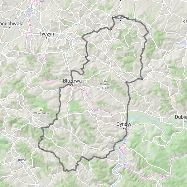 Map miniature of "Road Cycling Route from Golcowa" cycling inspiration in Podkarpackie, Poland. Generated by Tarmacs.app cycling route planner