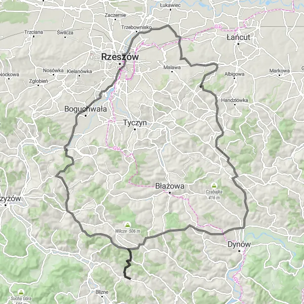 Map miniature of "Rugged Adventure" cycling inspiration in Podkarpackie, Poland. Generated by Tarmacs.app cycling route planner