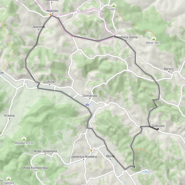 Map miniature of "Road Cycling Route around Golcowa" cycling inspiration in Podkarpackie, Poland. Generated by Tarmacs.app cycling route planner