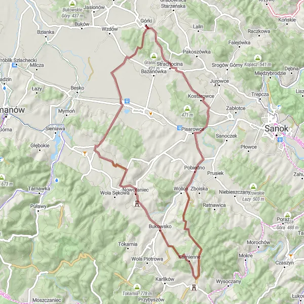 Map miniature of "Górki Gravel Adventure" cycling inspiration in Podkarpackie, Poland. Generated by Tarmacs.app cycling route planner