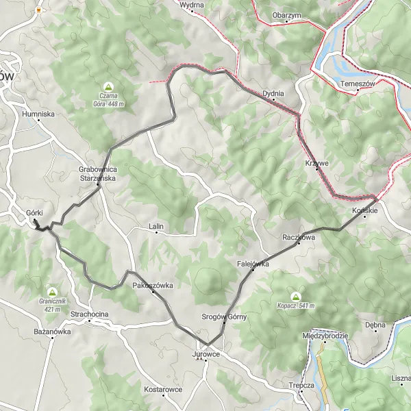 Miniatura mapy "Szlakiem górzystych pagórków" - trasy rowerowej w Podkarpackie, Poland. Wygenerowane przez planer tras rowerowych Tarmacs.app