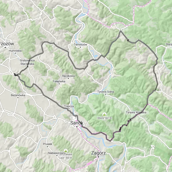 Map miniature of "Górki Loop - Road Cycling Route" cycling inspiration in Podkarpackie, Poland. Generated by Tarmacs.app cycling route planner