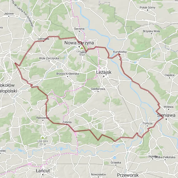 Map miniature of "Górno to Nowa Sarzyna Gravel Round-Trip Cycling Route" cycling inspiration in Podkarpackie, Poland. Generated by Tarmacs.app cycling route planner