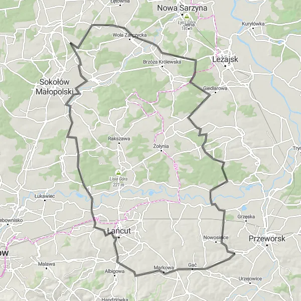 Map miniature of "Górno to Wola Zarczycka Round-Trip Cycling Route" cycling inspiration in Podkarpackie, Poland. Generated by Tarmacs.app cycling route planner