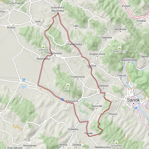 Map miniature of "Kamionka Valley Gravel Ride" cycling inspiration in Podkarpackie, Poland. Generated by Tarmacs.app cycling route planner