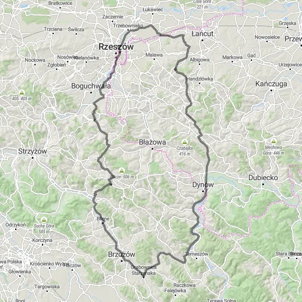 Map miniature of "Road Route 1" cycling inspiration in Podkarpackie, Poland. Generated by Tarmacs.app cycling route planner