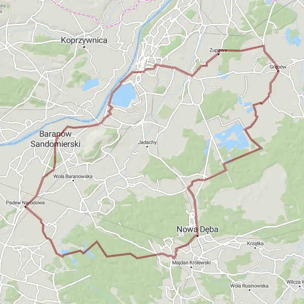 Map miniature of "Gravel Loop to Baranów Sandomierski" cycling inspiration in Podkarpackie, Poland. Generated by Tarmacs.app cycling route planner