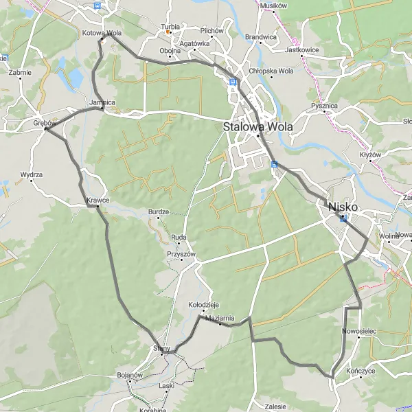 Map miniature of "Grębów to Palędzie Road Cycling" cycling inspiration in Podkarpackie, Poland. Generated by Tarmacs.app cycling route planner