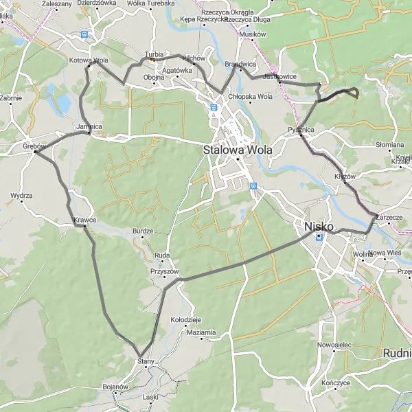 Map miniature of "Turbia to Palędzie Road Route" cycling inspiration in Podkarpackie, Poland. Generated by Tarmacs.app cycling route planner