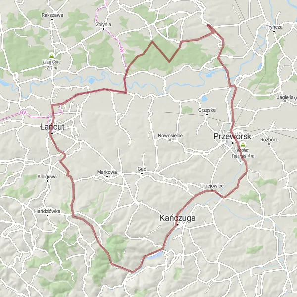 Map miniature of "The Gniewczyna Łańcucka Gravel Challenge" cycling inspiration in Podkarpackie, Poland. Generated by Tarmacs.app cycling route planner