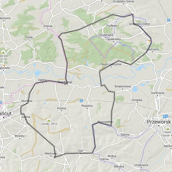 Map miniature of "Scenic Road Tour to Markowa" cycling inspiration in Podkarpackie, Poland. Generated by Tarmacs.app cycling route planner