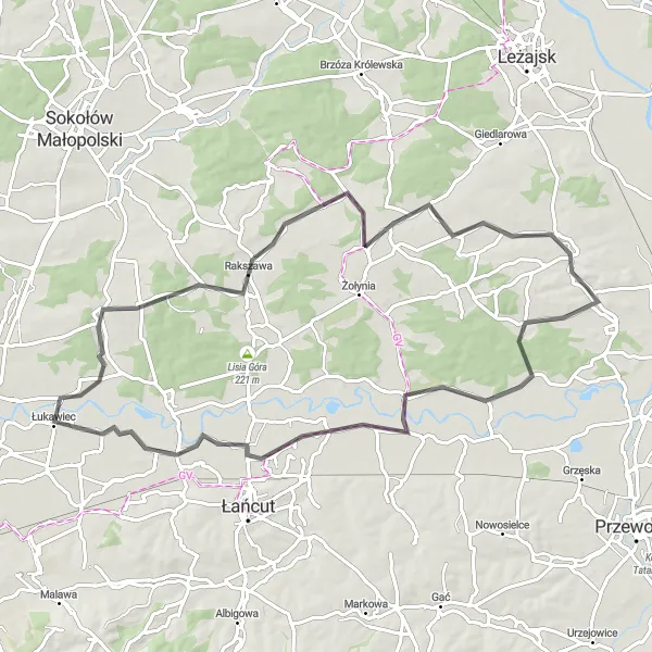 Map miniature of "The Budy Łańcuckie Loop" cycling inspiration in Podkarpackie, Poland. Generated by Tarmacs.app cycling route planner