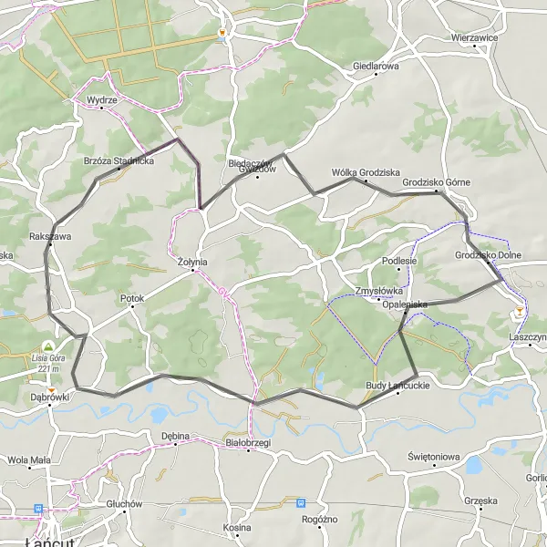 Map miniature of "The Lisia Góra Exploration" cycling inspiration in Podkarpackie, Poland. Generated by Tarmacs.app cycling route planner