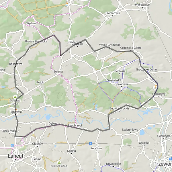 Map miniature of "The Lisia Góra Circuit" cycling inspiration in Podkarpackie, Poland. Generated by Tarmacs.app cycling route planner