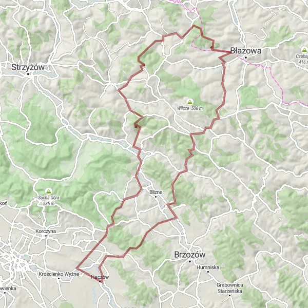 Miniatura mapy "Wyzwanie Gravelowe wokół Haczowa" - trasy rowerowej w Podkarpackie, Poland. Wygenerowane przez planer tras rowerowych Tarmacs.app