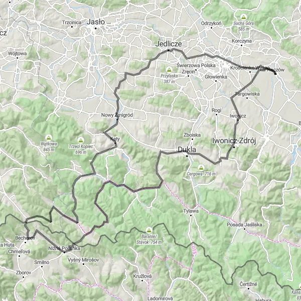 Map miniature of "Beskid Challenge" cycling inspiration in Podkarpackie, Poland. Generated by Tarmacs.app cycling route planner