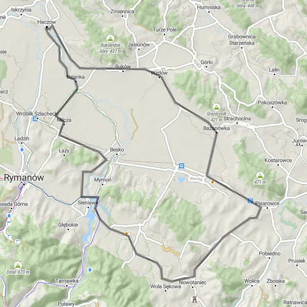 Map miniature of "Haczów Road Tour" cycling inspiration in Podkarpackie, Poland. Generated by Tarmacs.app cycling route planner