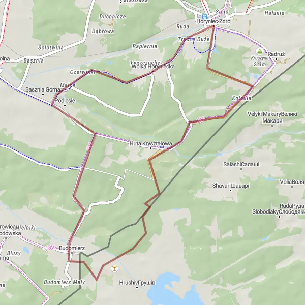 Miniatura mapy "Przejażdżka gravelowa przez Horyniec-Zdrój" - trasy rowerowej w Podkarpackie, Poland. Wygenerowane przez planer tras rowerowych Tarmacs.app
