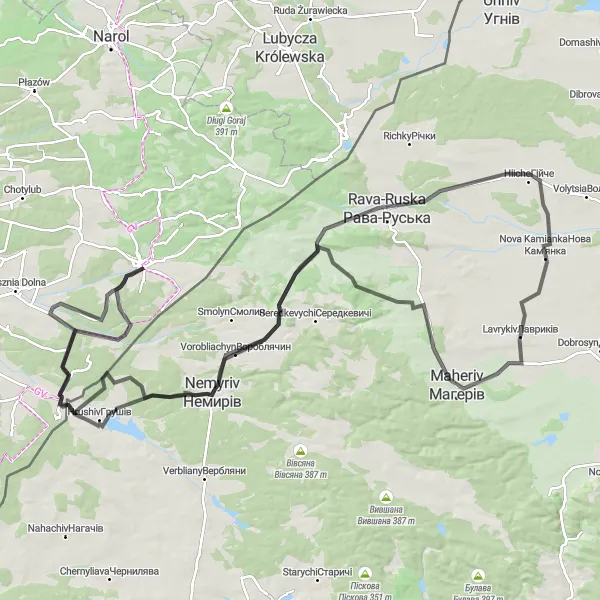 Map miniature of "Borderlands Adventure" cycling inspiration in Podkarpackie, Poland. Generated by Tarmacs.app cycling route planner