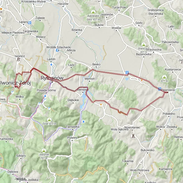 Miniatura mapy "Trasa Gravelowa do Mymonia" - trasy rowerowej w Podkarpackie, Poland. Wygenerowane przez planer tras rowerowych Tarmacs.app