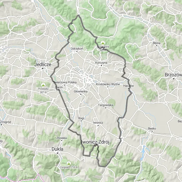 Map miniature of "Borowinowa Loop" cycling inspiration in Podkarpackie, Poland. Generated by Tarmacs.app cycling route planner